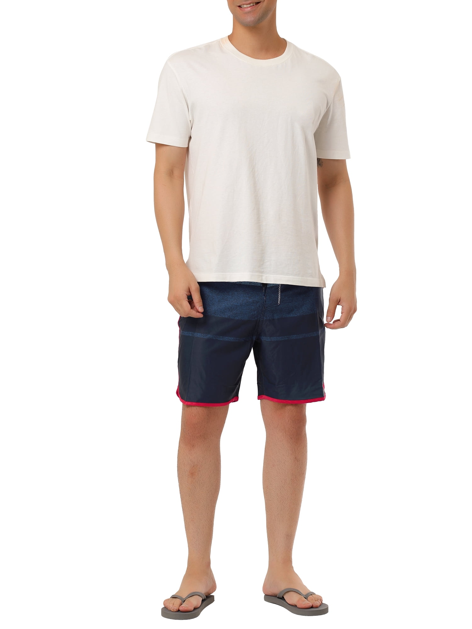 Unique Bargains Men's Summer Printed Drawstring Color Block Swim Beach Shorts 34 Red Navy