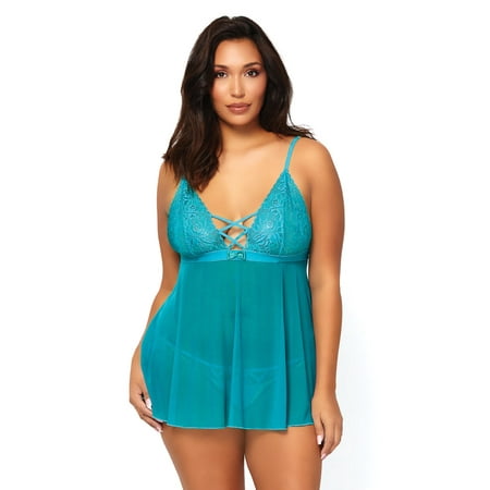 Leg Avenue Women's 2 PC Mesh and Lace Empire Waist Babydoll and G-String, Turquoise, 3X-4X