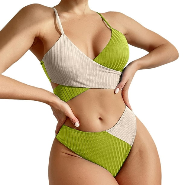 Gibobby Conjunto de Bikini para Mujer Color grueso a juego sólido Cruz Sexy Bikini mujeres traje de baño Correa cintura traje de baño Tankinis conjunto(Verde,CH)