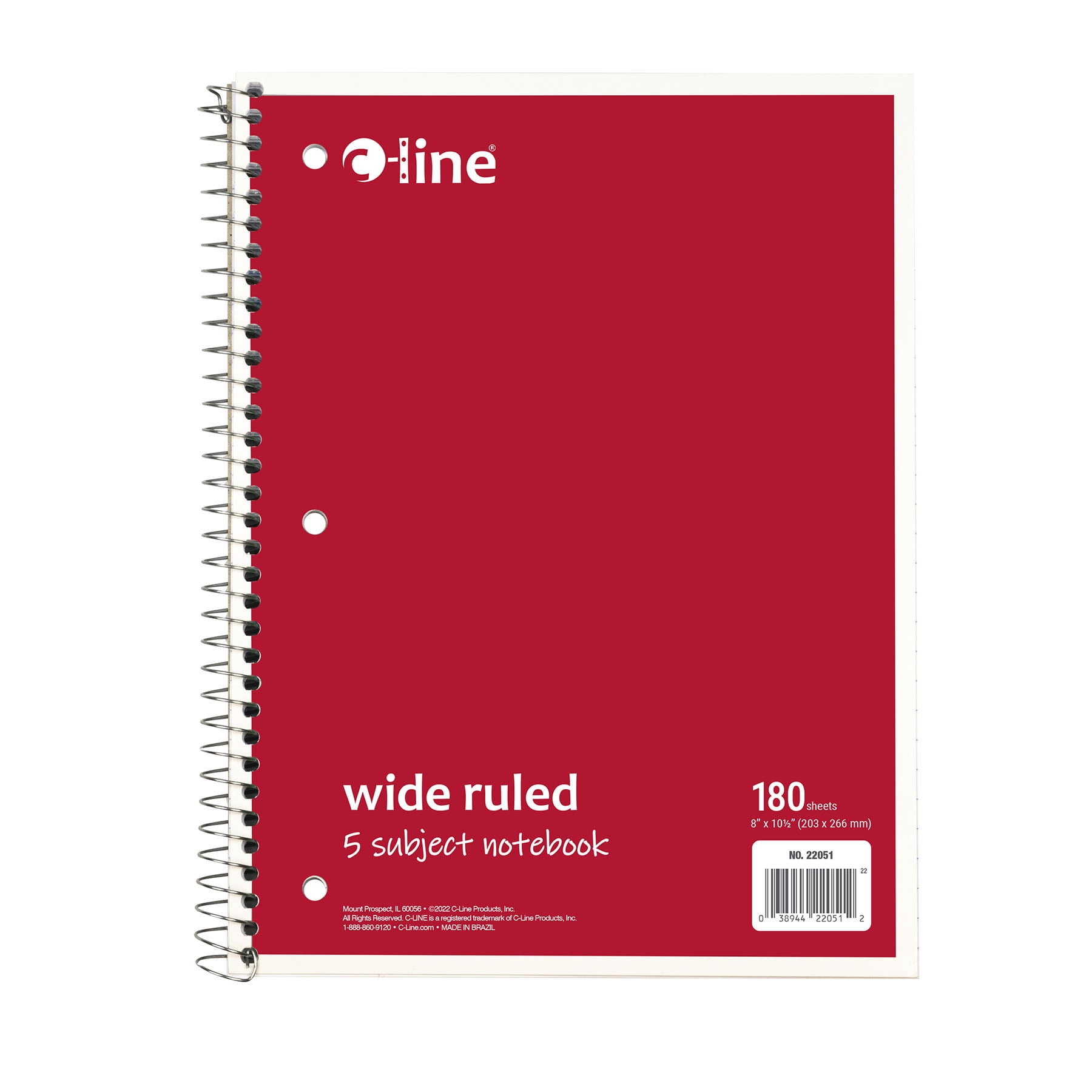 C-Line 5-Subject Notebook, Wide Ruled, 180 Sheets, Assorted Colors, Pack of 3