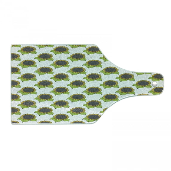 Floral Cutting Board, Hand Drawn Sketch Sunflowers with Vibrant Fresh Spring Leaves, Decorative Tempered Glass Cutting and Serving Board, Wine Bottle Shape, Apple Green Dark Taupe, by Ambesonne