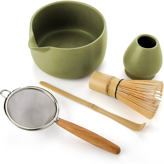 20OZ Matcha Whisk Set 5PCS Japanese Tea Set Includes Matcha Bowl with Spout, Bamboo Whisk with Ceramic Holder, Bamboo Scoop and Sifter, Matcha Kit for Ceremony, Gift for Matcha Lovers (Matcha Green)