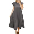 thumbnail image 2 of Ovzne Robes d'Été pour Femmes Robe de Plage Robe pour Femmes Grande Taille Décontractée à Manches Courtes Mi-Longue Plissée Taille Haute Robe de Couleur Unie Robe d'Été à Manches Courtes Liquidation, 2 of 6
