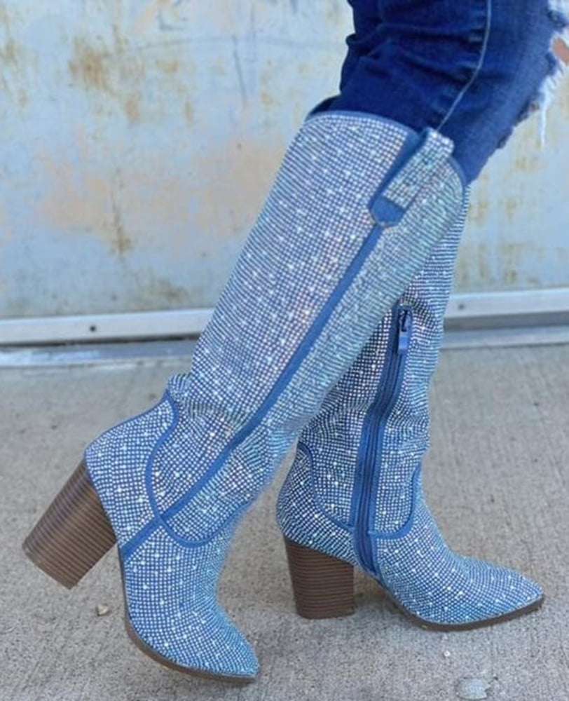 Top Moda Women Knee High Boots Block High Heels Rhinestone
