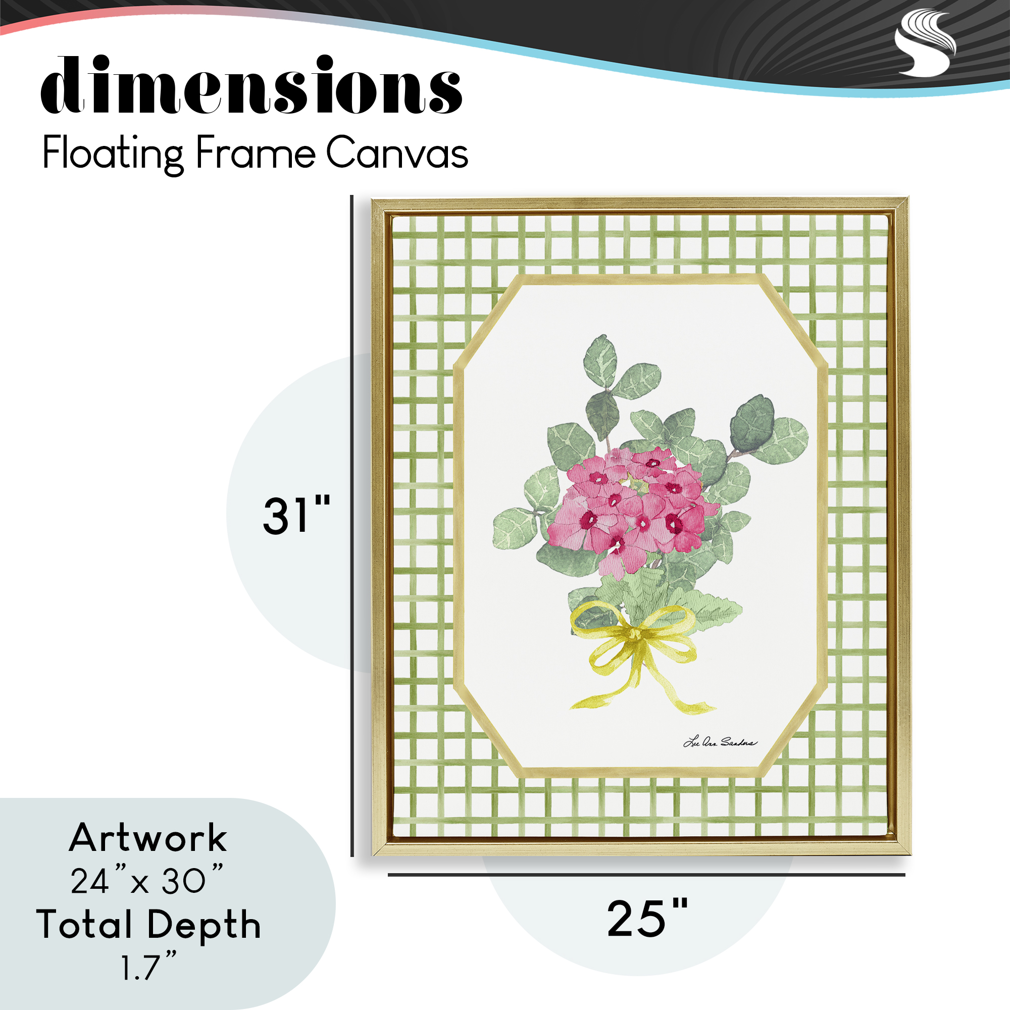 Botanical Story on Grid Pattern Gold Framed Floater Canvas Wall Art, design by Lee Ann Sanders