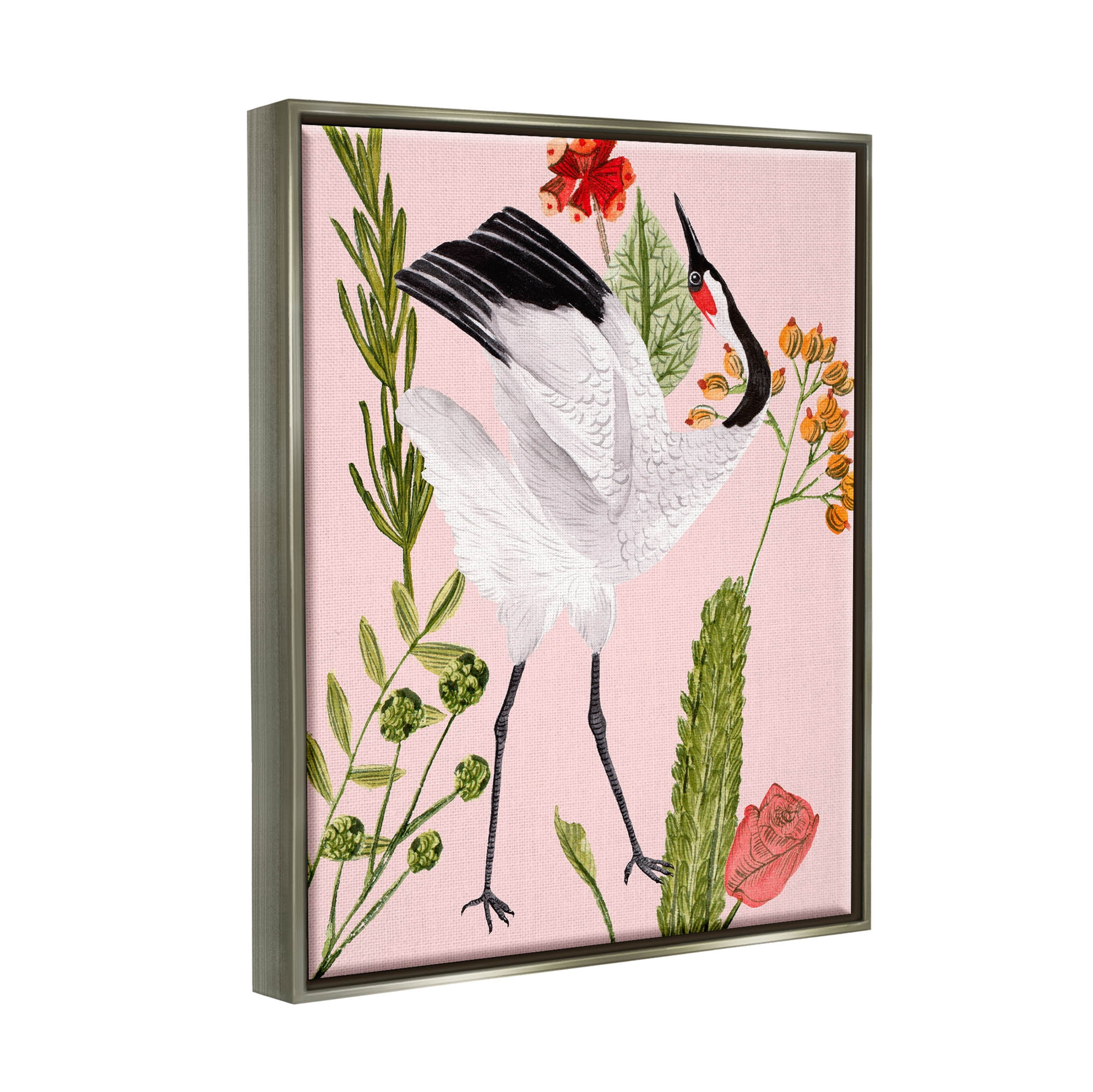 Stupell Industries Tropical Crane Bird Botanicals Graphic Art Luster Gray Floating Framed Canvas Print Wall Art, Design by Melissa Wang