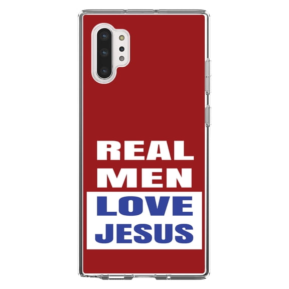 DistinctInk Clear Shockproof Hybrid Case for Galaxy Note 10 PLUS (6.8" Screen) - TPU Bumper, Acrylic Back, Tempered Glass Screen Protector - Red Blue Real Men Love Jesus - Christ