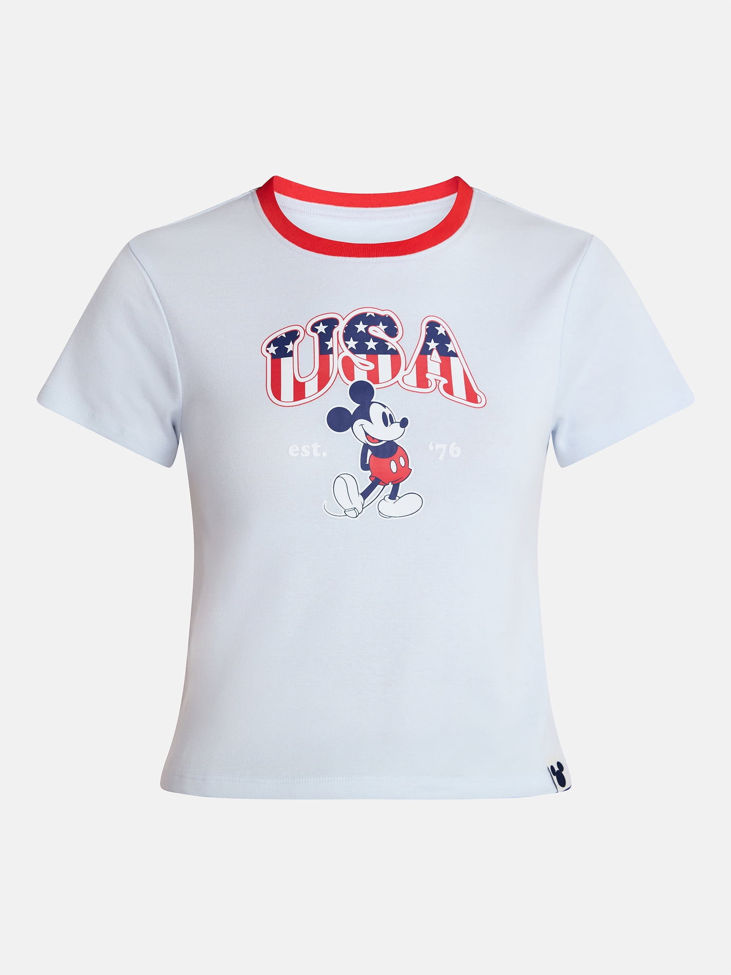 Disney Women's Mickey Stars and Stripes Graphic Baby Tee with Short Sleeves, Sizes XXS-XXL