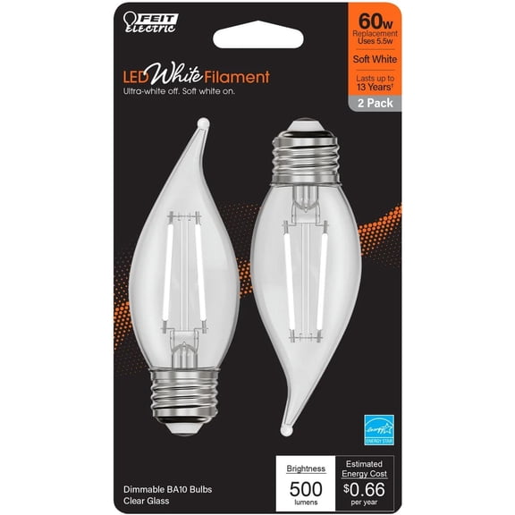 Feit Electric BA10 LED Filament Light Bulbs, 60W Equivalent, Soft White 2700K, E26 Medium Base, Clear Glass, Dimmable, 2-Pack