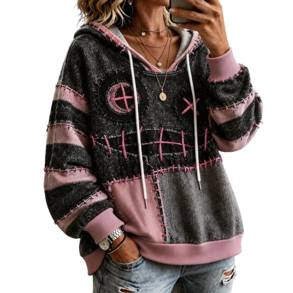 Meltox Womens Hooded Sweatshirt with Pocket Lightweight Fleece Pullover Long Sleeve Relaxed Fit Patchwork Graphic Hoodie Top Black L
