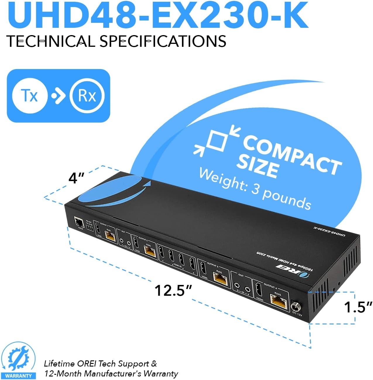 OREI UHD48-EX230-K 4K 4x4 HDMI Extender Matrix Over Single CAT5e/6/7 Cable with HDR Switcher & IR Control, RS-232 - Up to 230 Ft - 1080P Downscale - 4 x Loop Out - 4 Receivers Included
