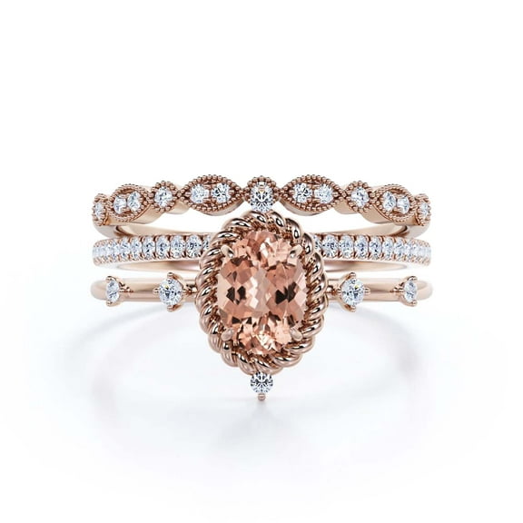 Dazzling Art nouvea 2.50 Carat Oval Cut Morganite And Diamond Moissanite Engagement Ring, Wedding Ring in 925 Sterling Silver With 18k Rose Gold Plating, Compass Ring, Trio Set, Matching Band