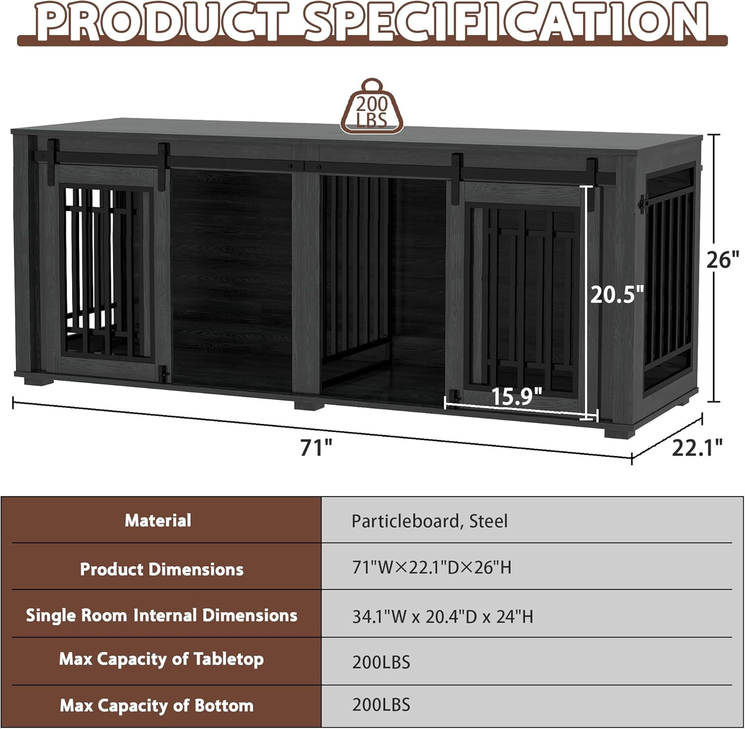 Dog Crate Furniture for 2 Dogs, Akaber 71" Large Dog Kennel Furniture, Steel Frame Dog Crate