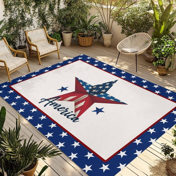 Independence Day Outdoor Rug for Patio/Deck/Porch, Non-Slip Large Area Rug 3 x 5 Ft, 4th of July Patriotic Star Blue Red Flag Indoor Outdoor Rugs Washable Area Rugs, Camping Rug Carpet Runner