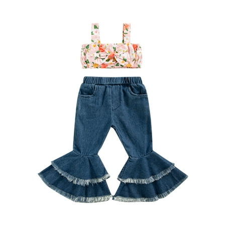

Nokpsedcb Kids Toddler Girls 2Pcs Clothes Suit Flower Print Bowknot Sleeveless Sling Tops + Flared Pants with Pockets Blue 3-4 Years