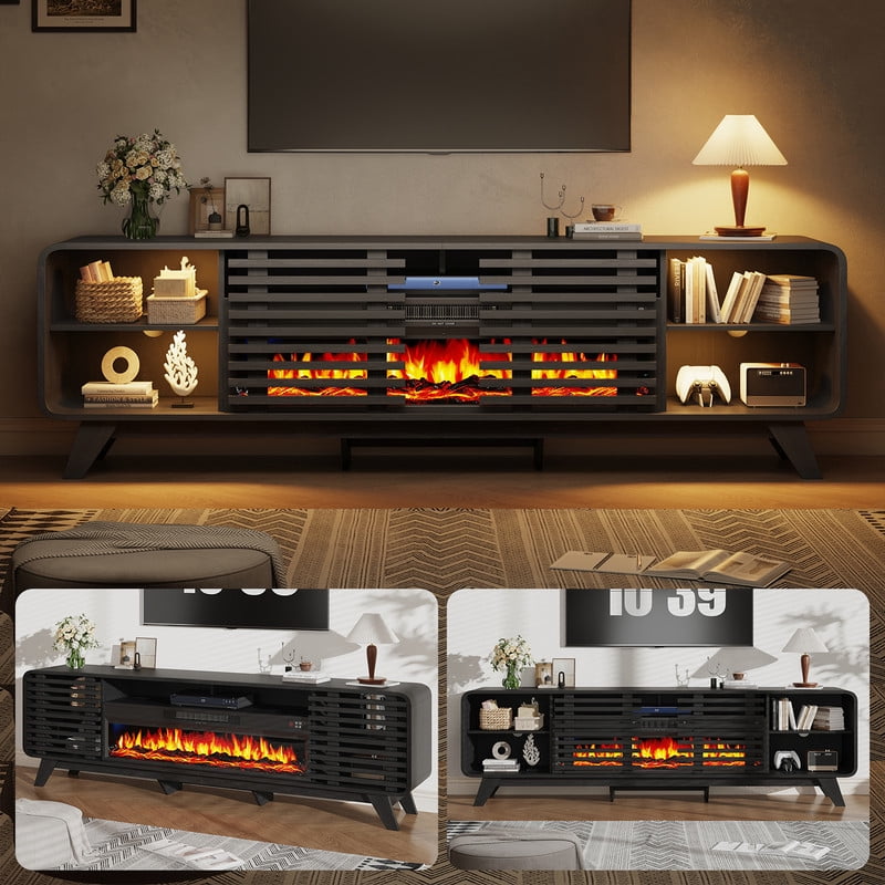 BaPiPro Mid‑Century Modern Fireplace TV Stand with 40 Inch Electric Fireplace 12‑Color RGB LED Lights Fits TVs up to 90 Inch Wood Media Console with Slatted Sliding Doors for Living Room Black