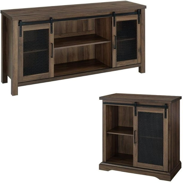 2 Piece Mesh Barn Door Tv Stand And Buffet Side Table Set In Rustic Walnut Brown Com Mesh Barn Door Tv Stand And Buffet Side, Antique End Table With Glass Doors And Windows