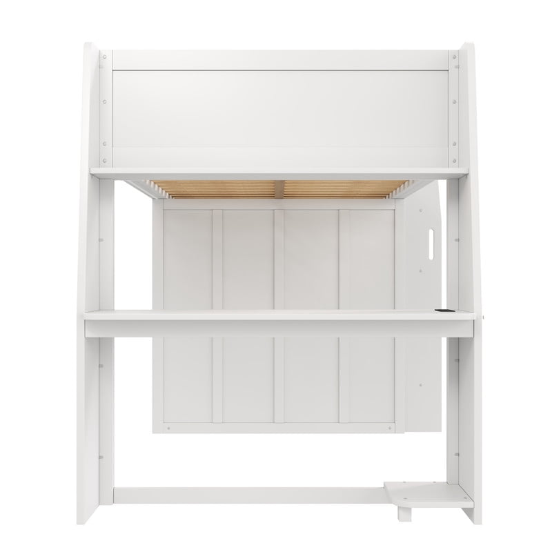 Euroco Wood Full Size Loft Bed with Desk and Wardrobe, High Loft with LED Light and USB Ports, White