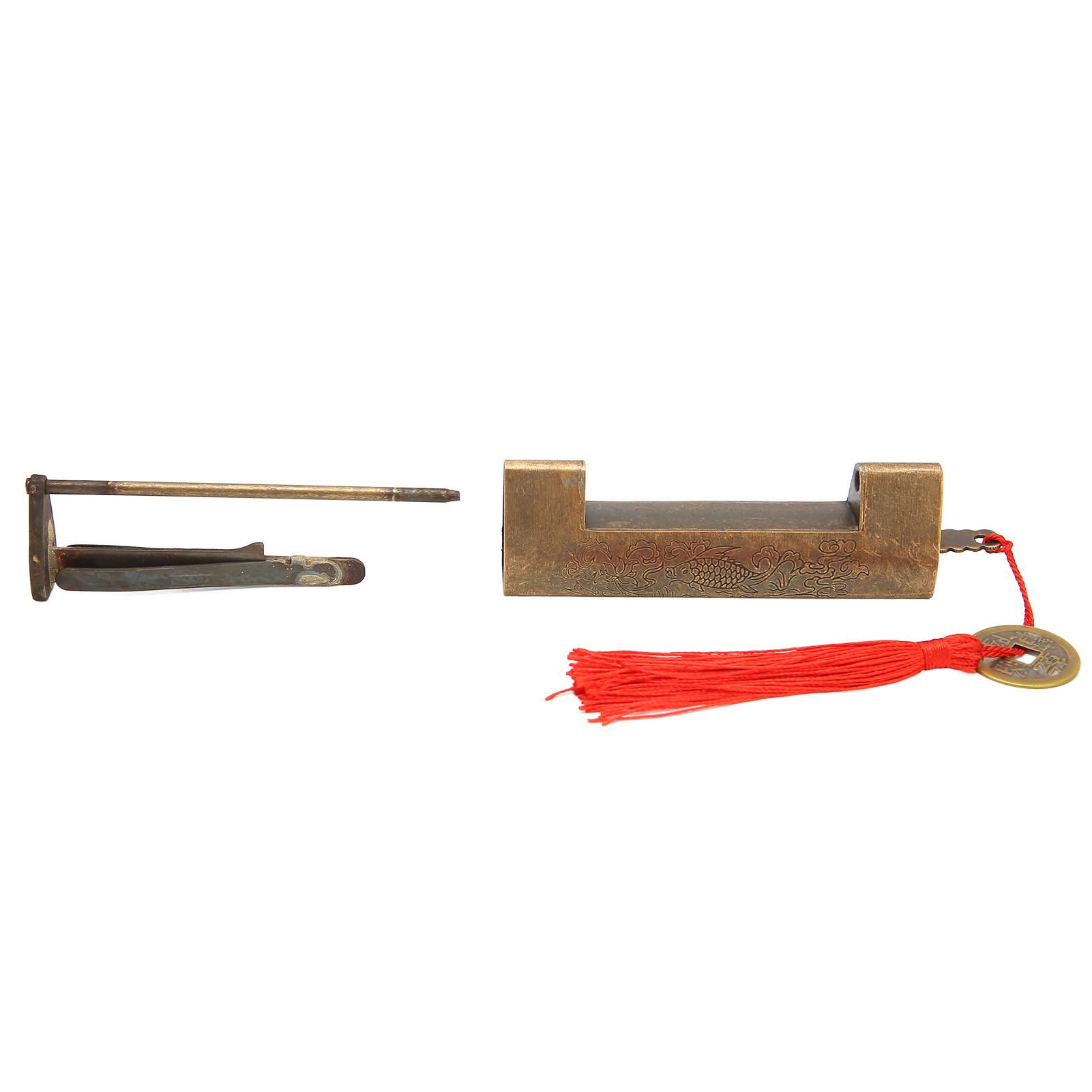 6cm Chinois Style Ancien Laiton Antique Sculpté Poisson Cadenas