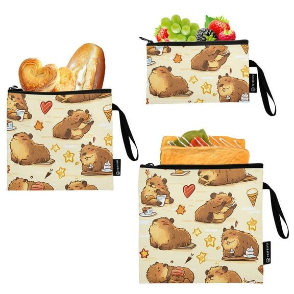 Haosy 3 Pack Reusable Ziploc Bags BPA Free Healthy Food Storage Bag Leakproof Sandwich Snack Freezer Bags Cute Capybaras Doing Various Activities