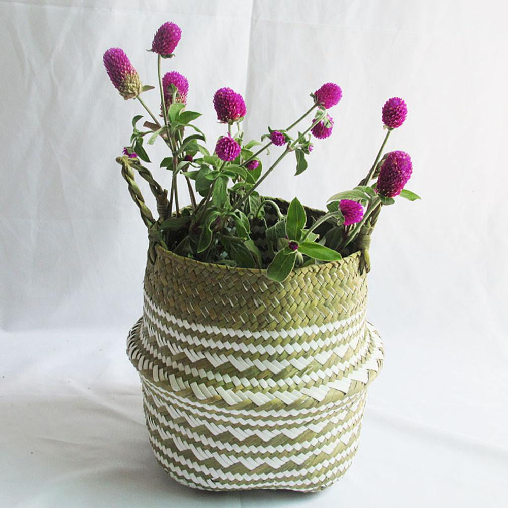 Home Storage Organisation Natural Seagrass Woven Basket Hand-Woven Foldable Plant Flower Pot Toy Storage Basket Laundry Basket Foldable Belly Basket Handle