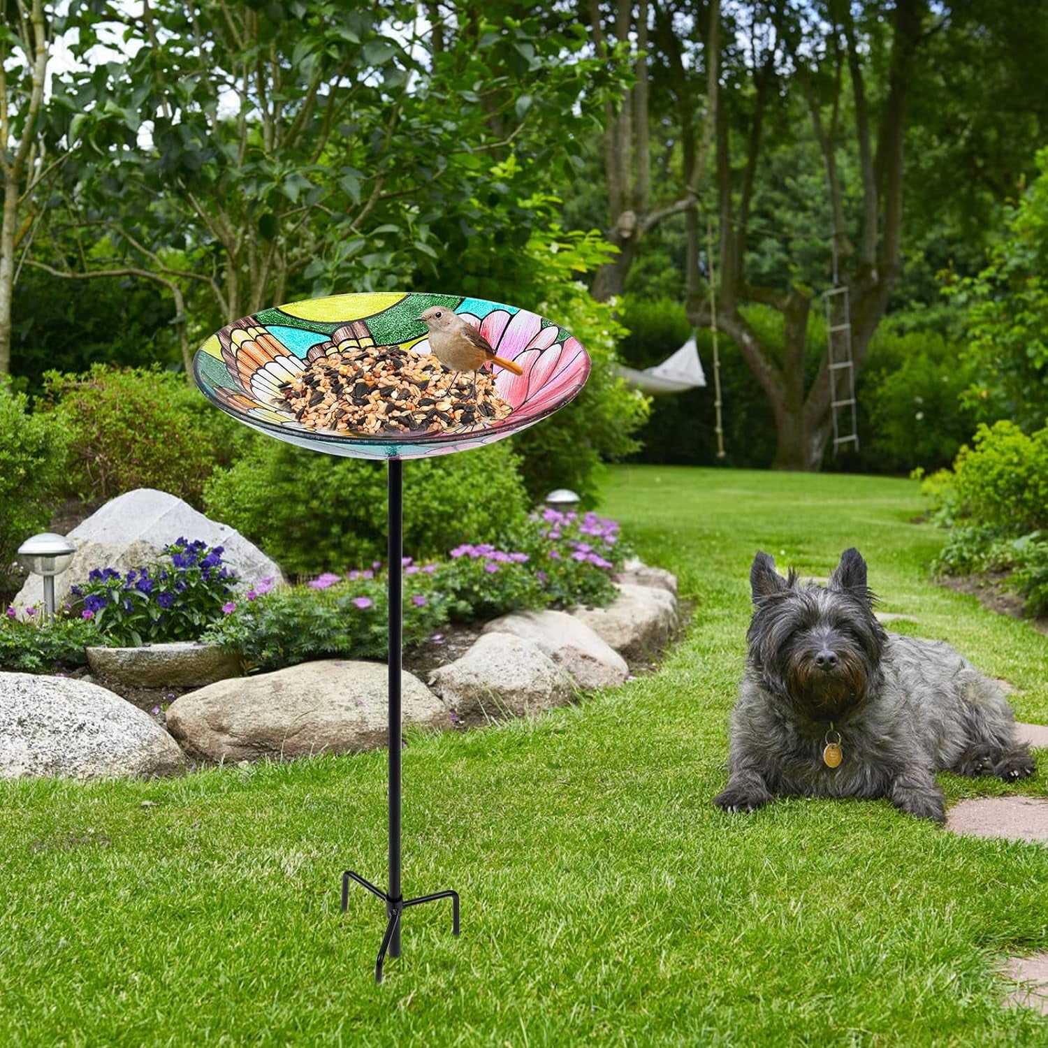 MUMTOP Glass Bird Bath with Metal Stake, Garden and Patio Decor and Butterfly & Flower Feeders