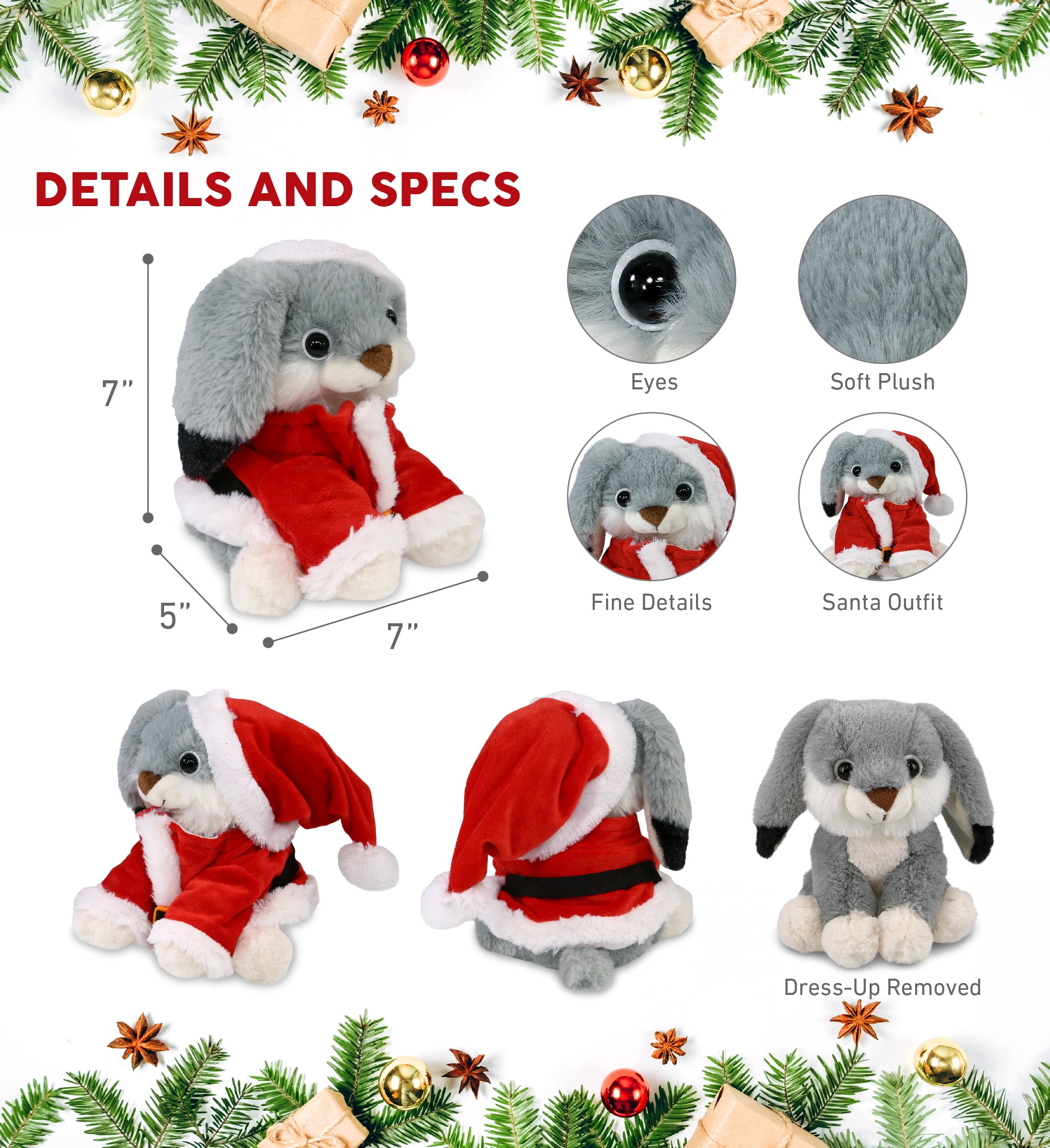 DolliBu Santa Grey Rabbit Stuffed Animal Plush Toy - Super Soft Dress Up with Red Santa Claus Outfit, Cute Farm Life Animal Rabbit Gift Perfect Holiday Christmas Gift - 7 Inches