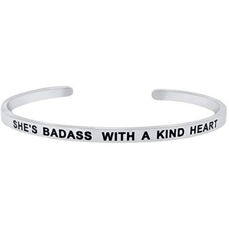 'She's Badass with A Kind Heart'' Inspirational Mantra Quote Cuff Band Bracelet for Women Teens Best Friends (Silver