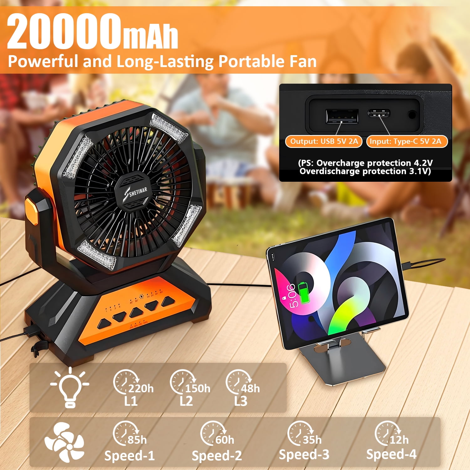 SHETINAR 20000mAh Camping Fan Battery Powered Fan 4-Speed Tabletop Fan with Charging, Hooks, Timer, Portable Fan for Office,Bedroom,Outdoor,Power Outage,Hurricane,Travel.Orange