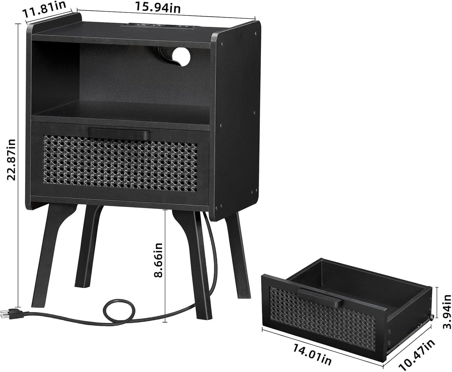 Joaxswe Rattan Nightstand with Power Outlet, End Table Beside Table with 1 Drawer & 1 Open Shelf for Bedroom Living Room, Black
