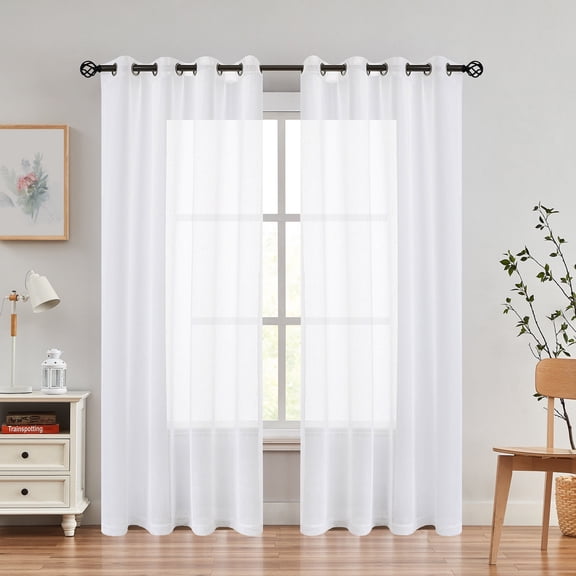 AZZCIA Sheer Linen Texture Farmhouse Grommet Curtain, Set of 2, Off White, 54"W x 84"L