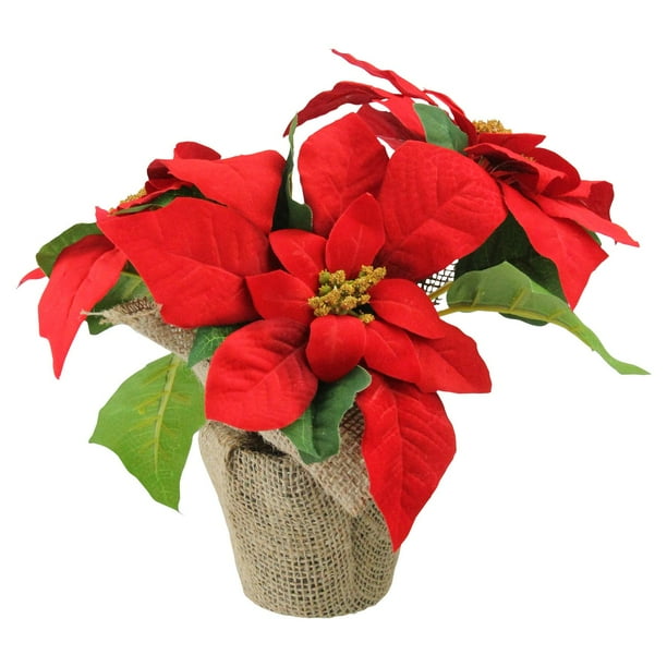 Artificial Poinsettia Flower in Burlap Vase