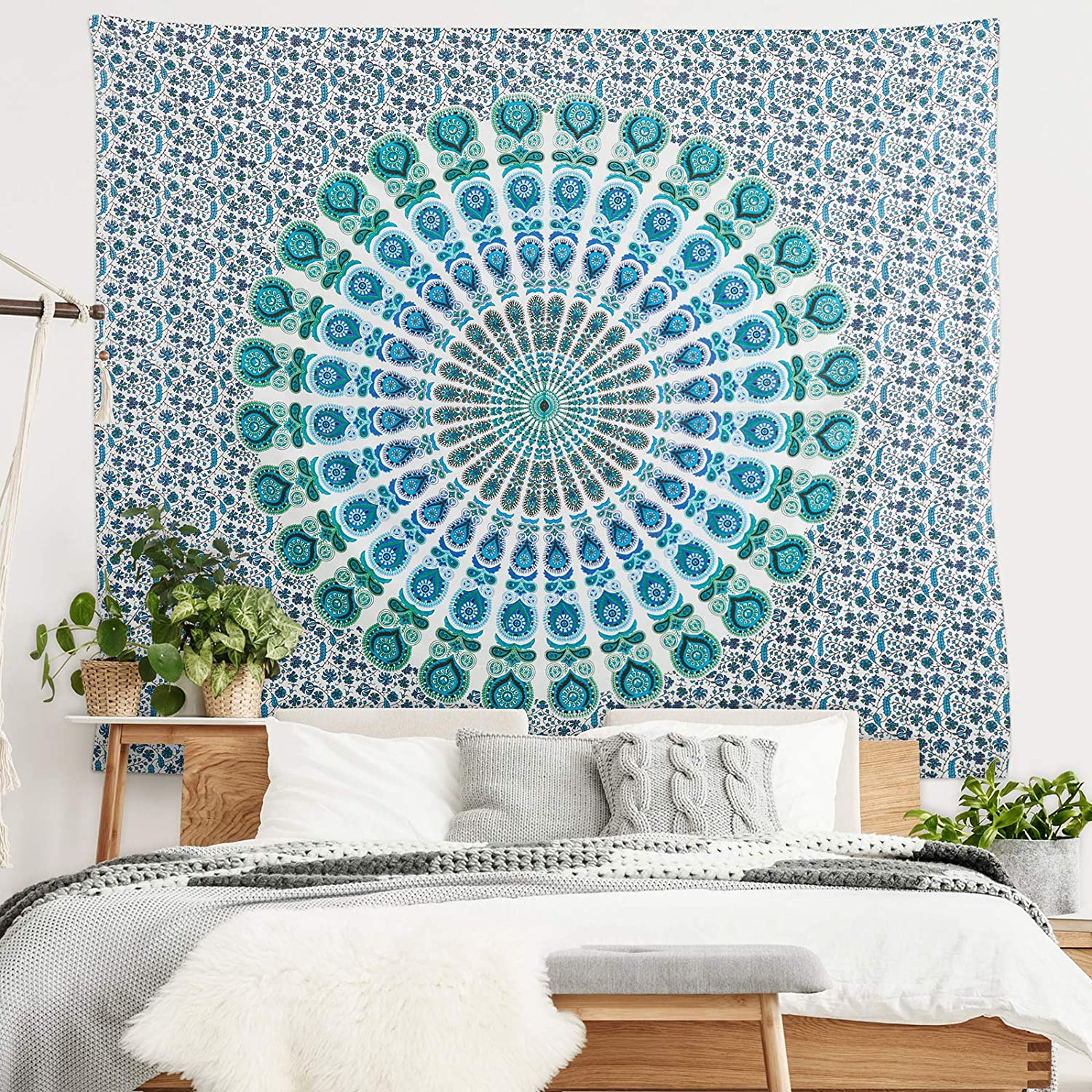 Americanflat Mandala Tapestry Wall Hanging - Boho Hippie Indie Colorful Decoration Artwork Blanket for Living Room, Bedroom, or College Dorm - Handcrafted in India 100% Cotton, Aqua Purple 84x90