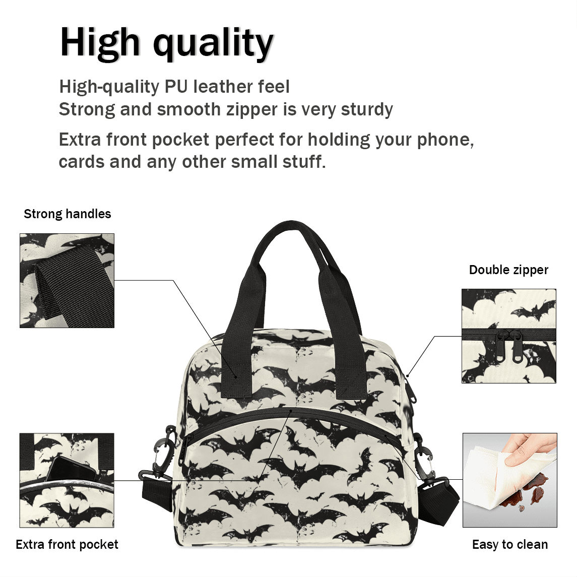 Herdesigns Halloween Insulated Lunch Bag for Women Men Adults Large Reusable Lunch Box Spooky Bats Leakproof Cooler Tote Bags with Adjustable Shoulder Strap