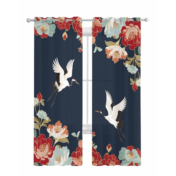Navy Blue Crane Sheer Curtains 63 Inch Length 2 Panels Set for Living Room/Bedroom, Vintage Red Teal Spring Floral Botanical Kitchen Curtains Grommet Semi-Sheer Curtains Window Treatments 42"x63"x2