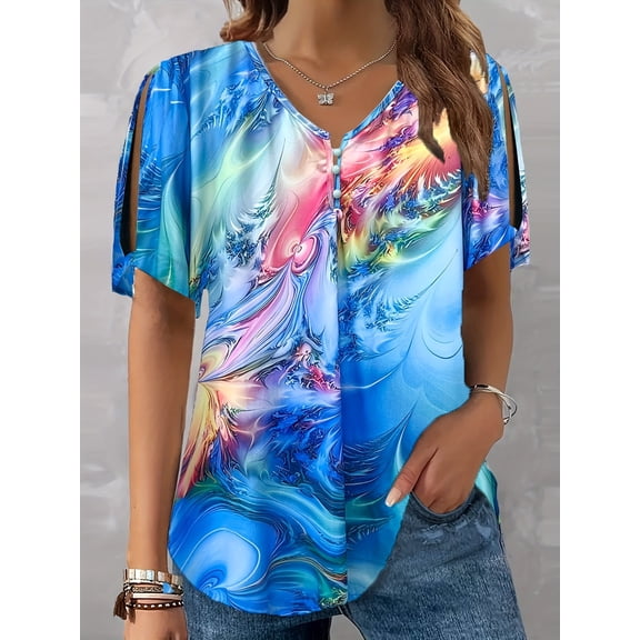 Nyfairy Plus Size Women's V Neck Cold Shoulder Short Sleeve Casual Tunic Blouse