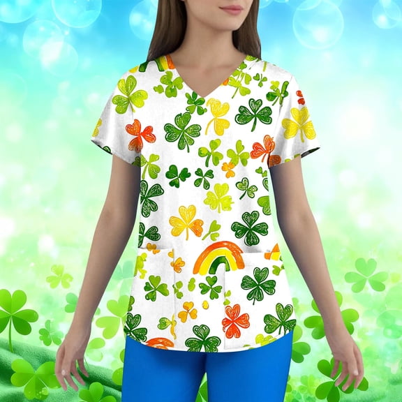 LEKWK Scrub Tops Women Rainbow Stripe V Neck Short Sleeve Work Tops Clover Print Nursing Uniform St Patricks Day Blouse