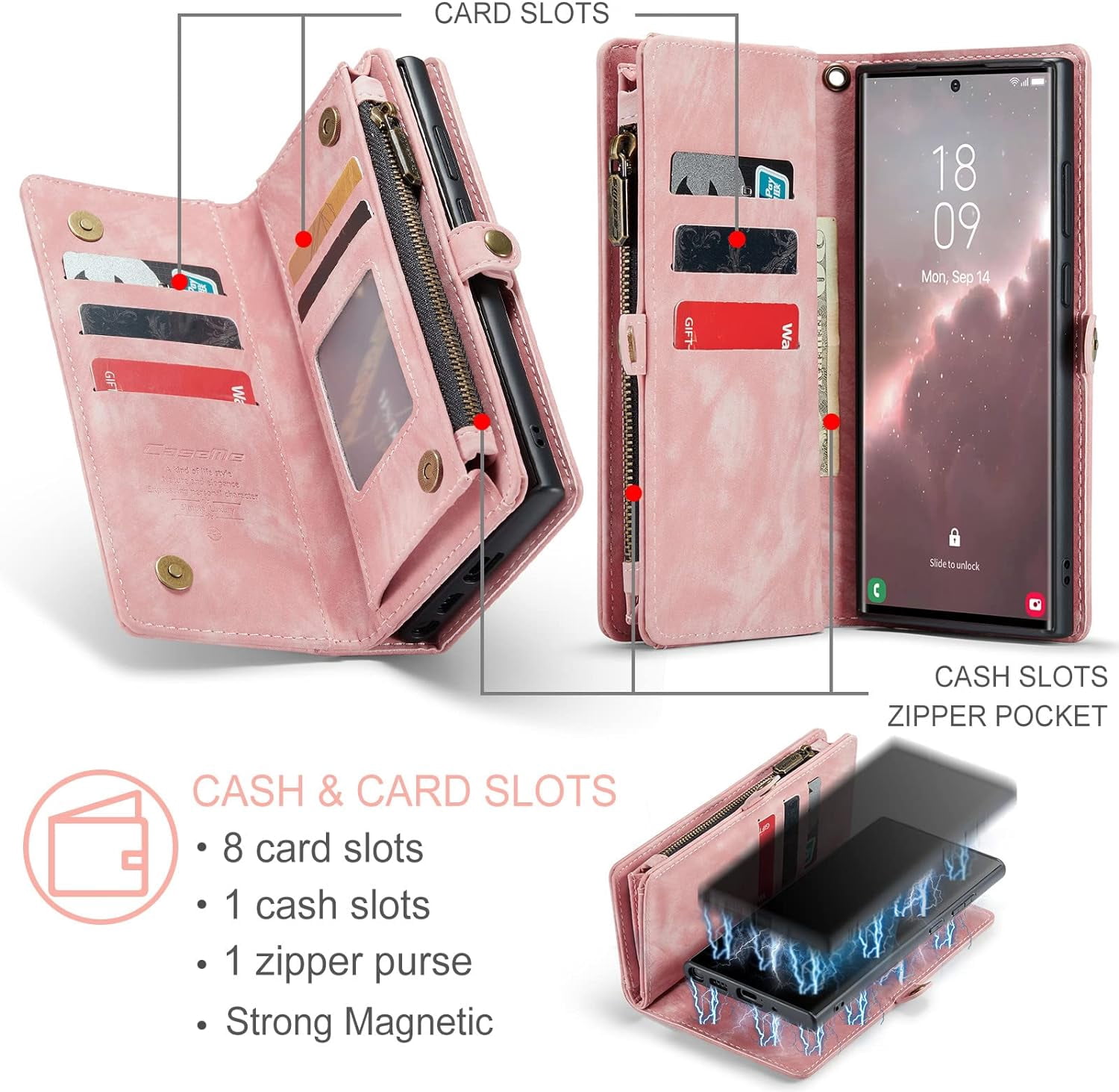 2 in 1 Detachable for Samsung Galaxy S23 Ultra Wallet Case with Card Holder, Retro Premium Flip Leather Cover  Zipper Pocket Phone Cases 6.8'' (Pink,S23 Ultra)