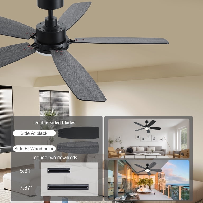 52 Inch Black Ceiling Fan With Light & Remote - Flush Mount Low Profile DC Motor 6 Speeds Reversible