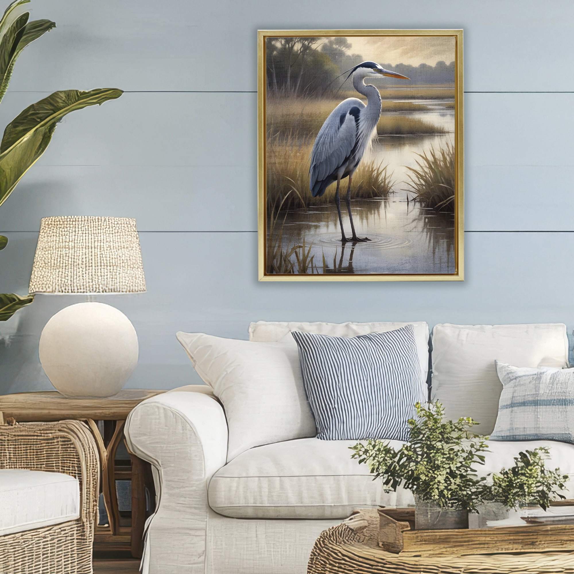 Stupell Industries Heron in Serene Marshlands Gold Framed Floater Canvas Wall Art, design by Susan Arnot