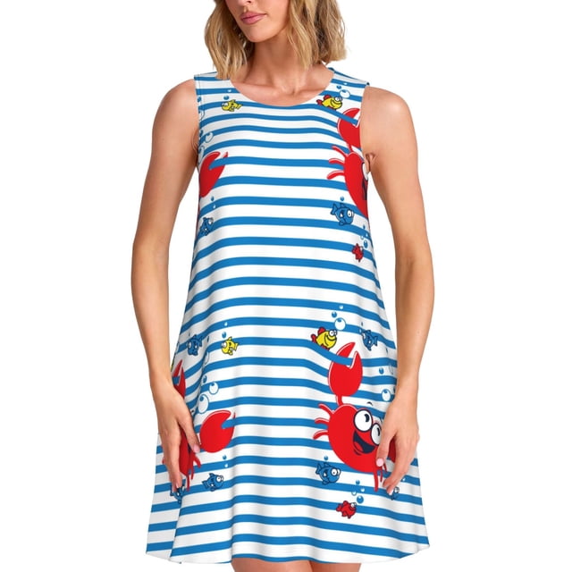 Fotbe Red Funny Crab on Blue Stripe Vestido de Verano sin Mangas para Mujer – Vestido Midi Línea A, Estilo Camiseta Floral, Vestido Playero Casual y Fluido