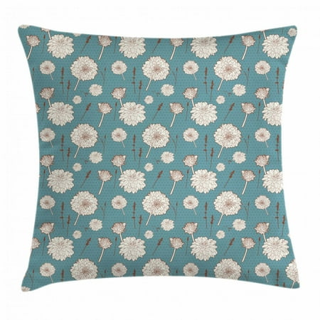 Crsls Aster Throw Pillow Cushion Cover, Vintage Flower Pattern Botanical Herbs Branches on Polka Dots Background, Decorative Square Accent Pillow Case, 16 X 16 Inches, Blue Off White Brown, by Ambesonne ()