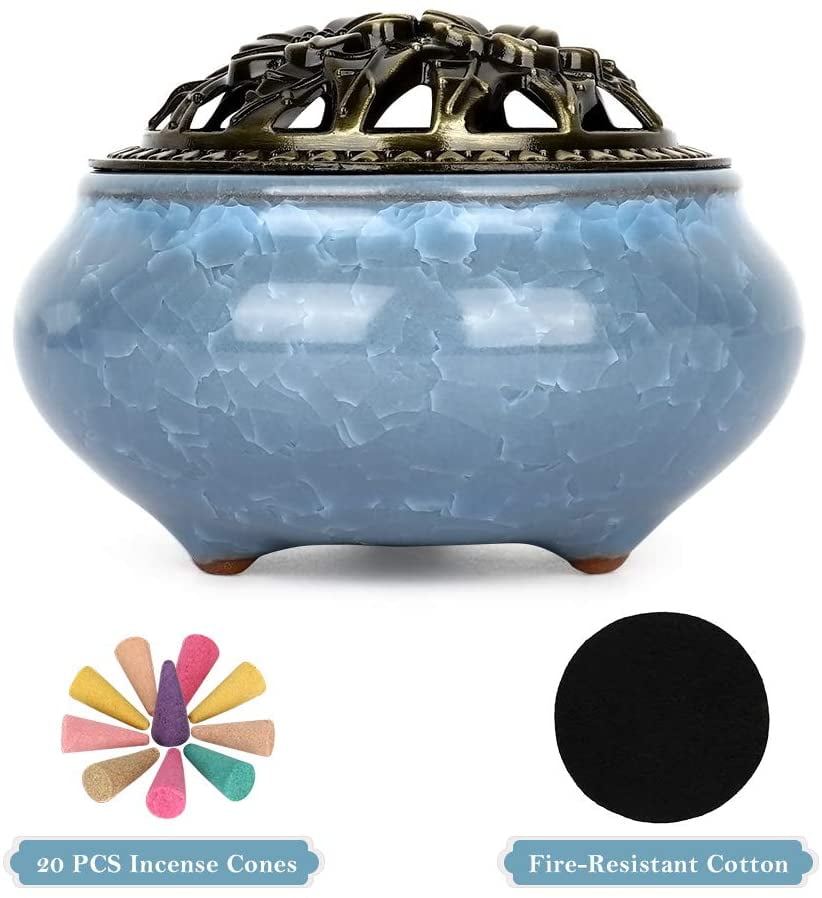 Incense Holder Burner Ceramic Censer With Cotton Bottom Shield 20 Fragrance Incense Cones Light Blue Walmart Com Walmart Com