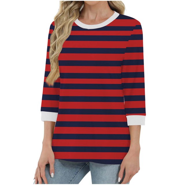 Soki Womens 3/4 Sleeve Striped Crewneck T-Shirts Color Block Short Sleeve Tops Casual Basic Tee