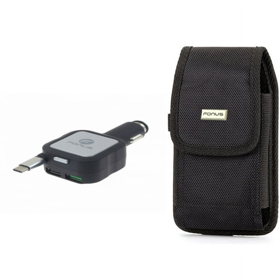 Car Charger & Case Belt Clip for iPhone 15 Pro Max - Retractable 4.8Amp Type-C 2-Port USB and Rugged Holster Canvas Cover W5O for iPhone 15 Pro Max (6.7")