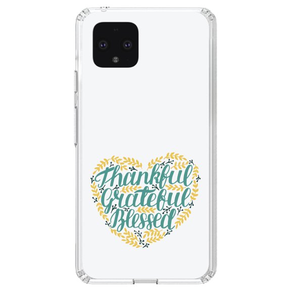 DistinctInk Clear Shockproof Hybrid Case for Google Pixel 4 (5.7" Screen) - TPU Bumper, Acrylic Back, Tempered Glass Screen Protector - Thankful / Grateful / Blessed - Heart Flowers