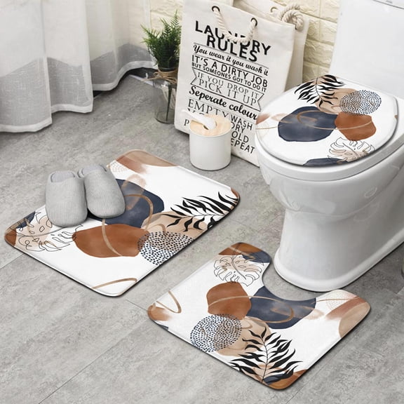 Blue Boho Abstract and Plant Pattern Bathroom Rugs Sets 3 Piece,Toilet Cover Set,Absorbent Non Slip Bathroom Mats Sets with U-Shaped Contour Rug Toilet Rug Set