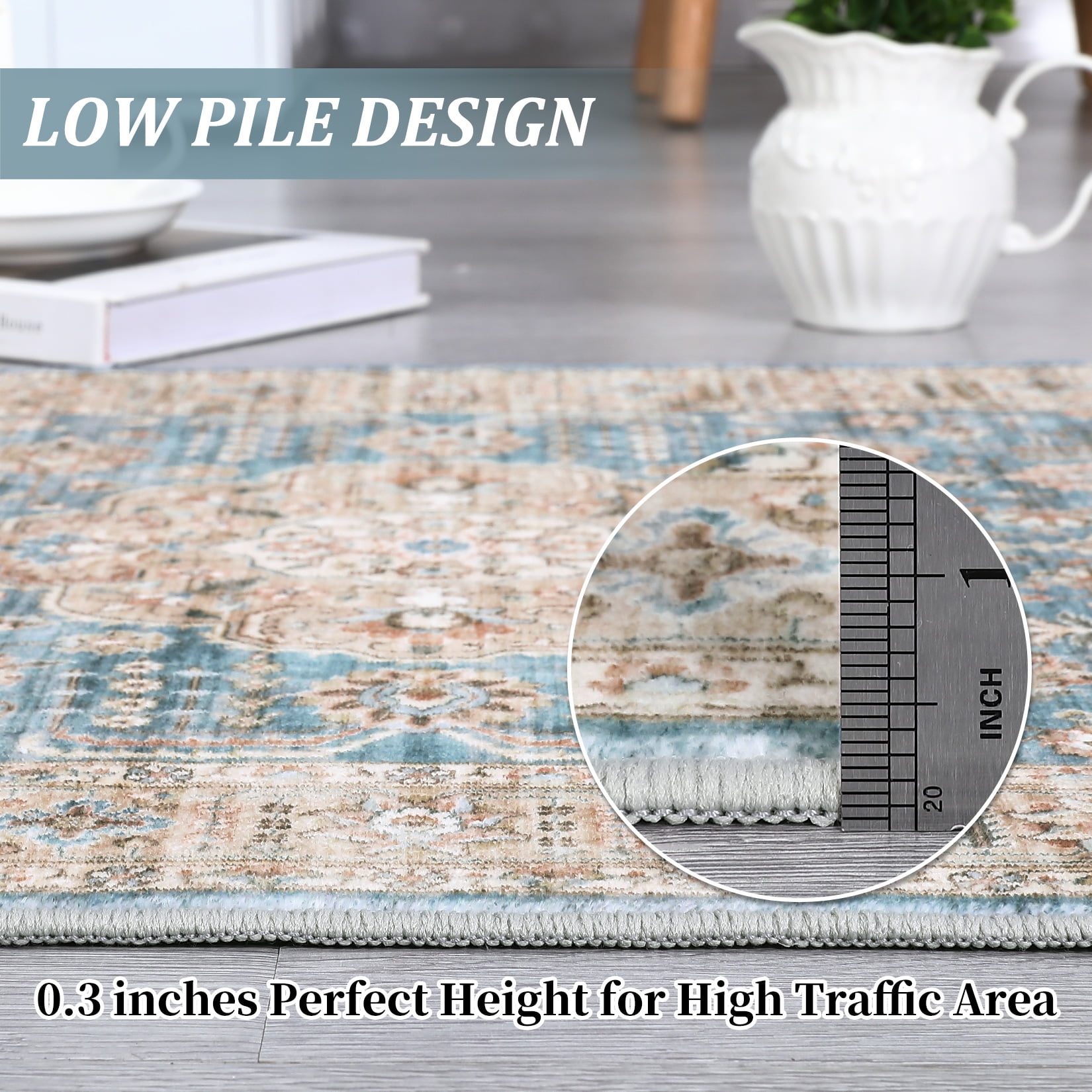 Hasoo Area Rug 5' x 7' Vintage Retro Area Rug for Living Room Bedroom Medallion Distressed Washable Rug Blue