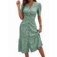 thumbnail image 2 of Womens V Neck Short Sleeve Solid Color Casual Dress Summer Chic Midi Dress Light Green L, 2 of 6