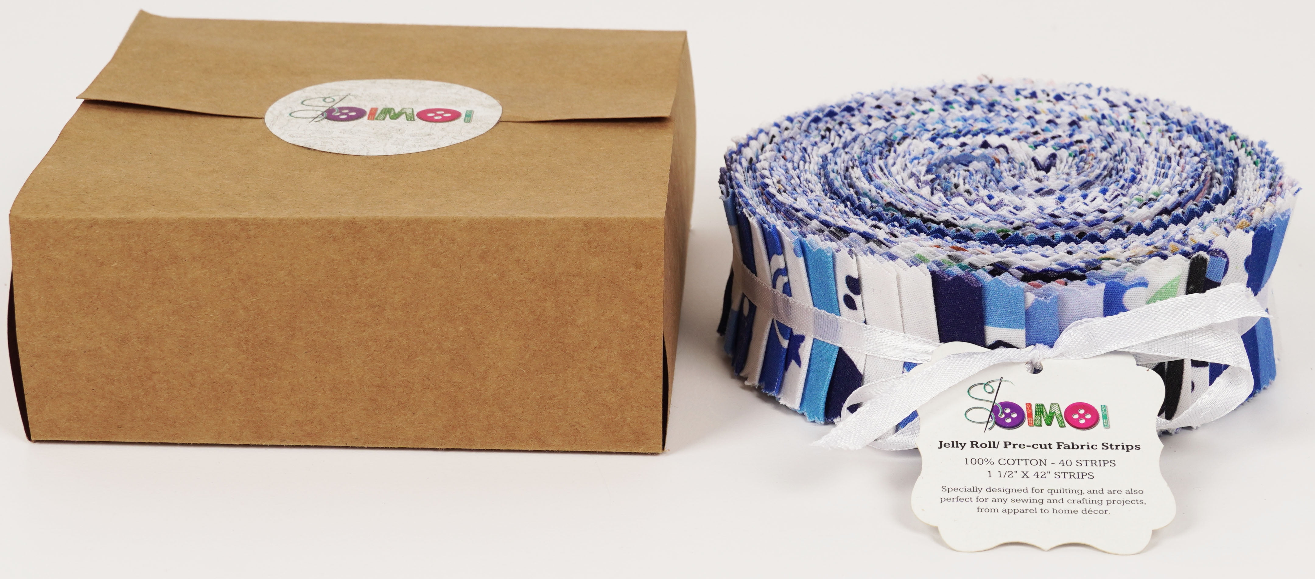 Soimoi 40Pcs Baby Boy Print Precut Fabrics Strips Roll Up 1.5x42inches Cotton Jelly Rolls For Quilting - Medium Blue